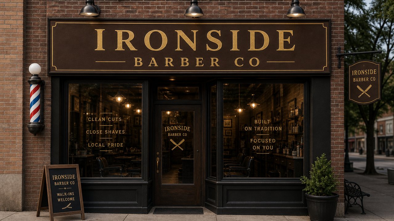 Ironside Barber Co. storefront at dusk