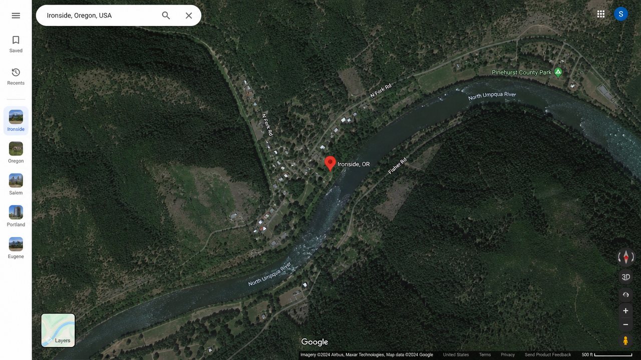 Map showing Ironside Barber Co. in Ironside, Oregon on the North Umpqua River